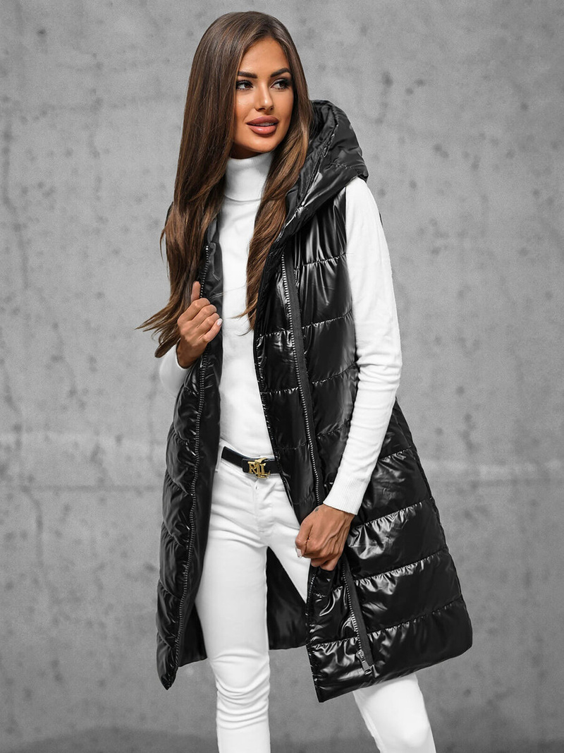 Kamizelka damska długa pikowana z kapturem czarna OZONEE JS/16M9117/392Z