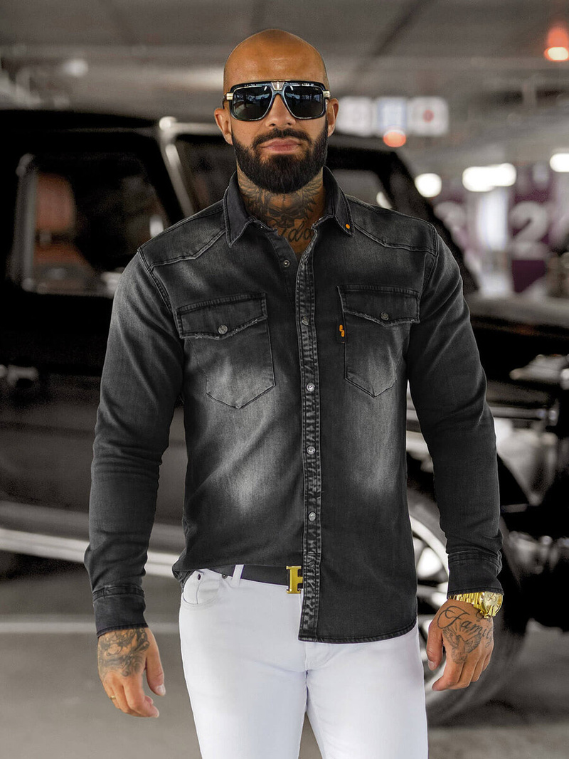 Koszula męska jeansowa czarna OZONEE O/51413