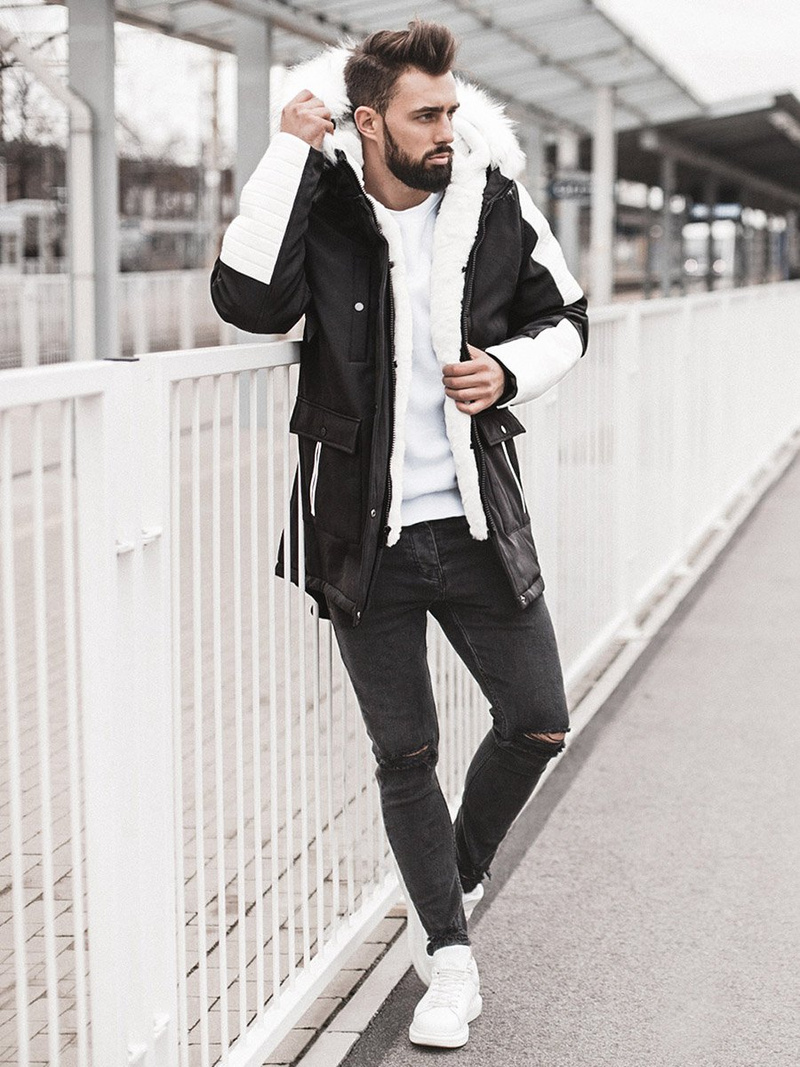 Kurtka zimowa męska parka z futerkiem czarno-biała OZONEE O/5832/22