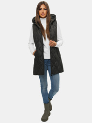 Kamizelka damska długa pikowana z kapturem czarna OZONEE O/H928/1