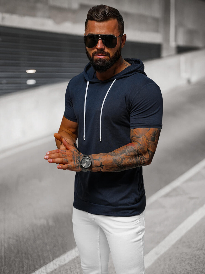 T-shirt męski z kapturem granatowy OZONEE JS/8T955/25