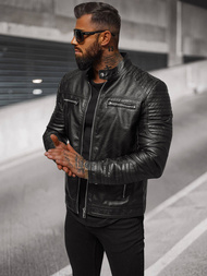 Чоловіча шкіряна куртка Чорна OZONEE JS/11Z8053