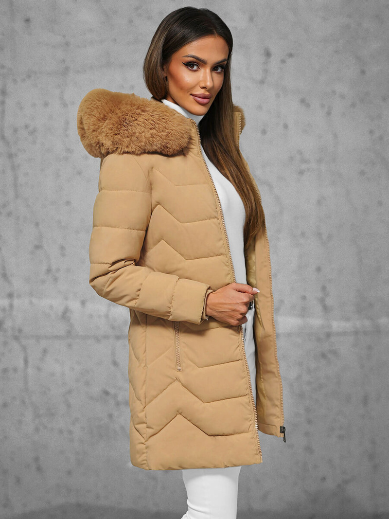 Kurtka zimowa damska długa z futerkiem beżowa OZONEE JS/16M9121/62