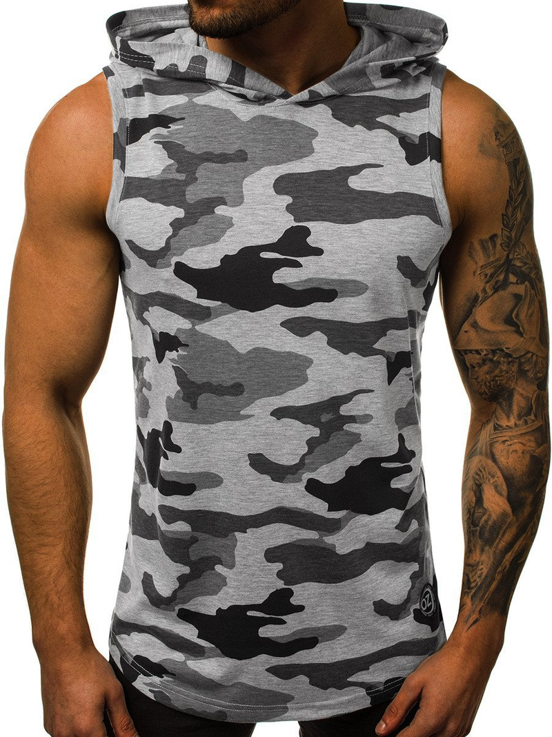 Koszulka bez rękawów z kapturem męska szary-moro OZONEE O/2537