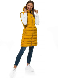 Kamizelka damska długa pikowana z kapturem camelowa OZONEE N/6811/4