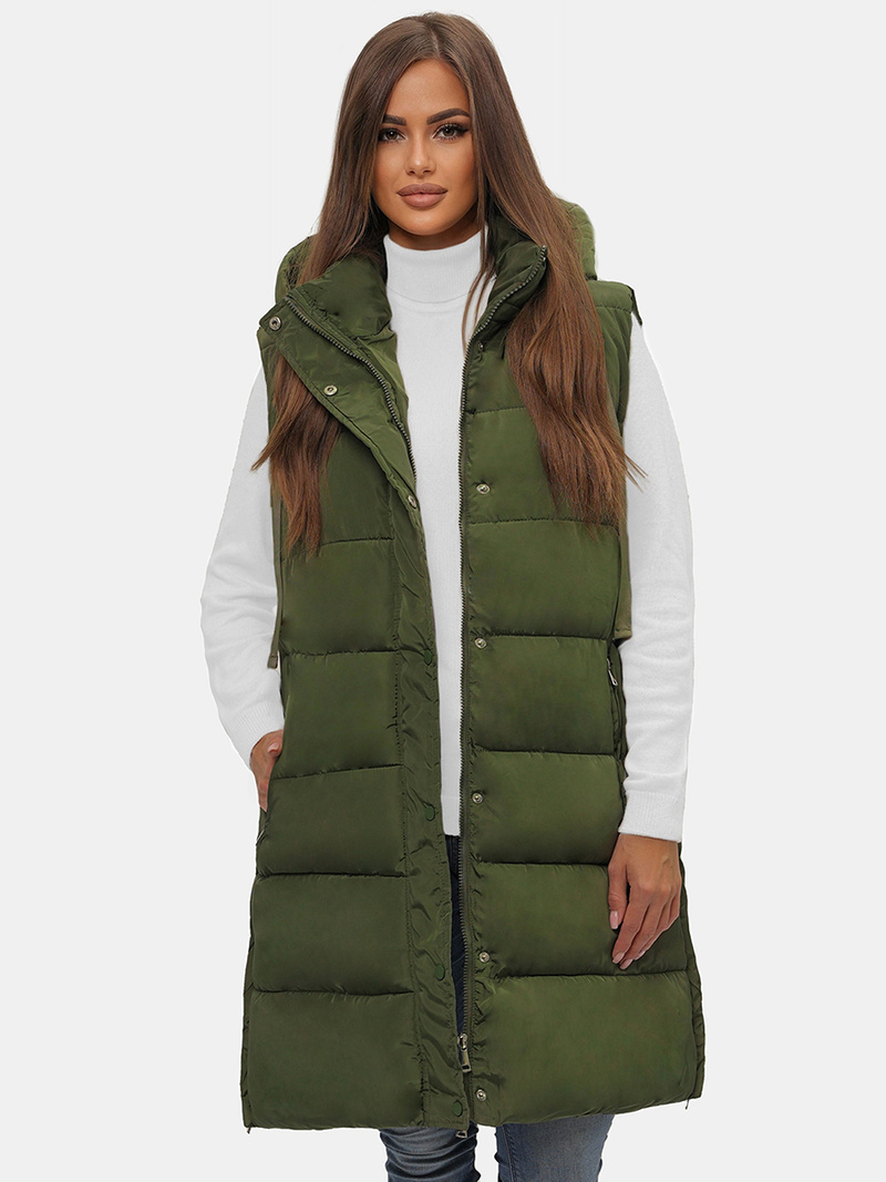 Kamizelka damska długa pikowana z kapturem zielona OZONEE O/81276