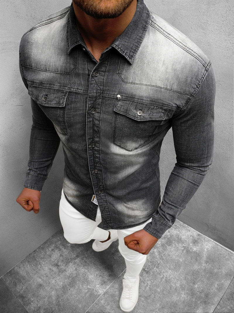 Koszula męska jeansowa czarna OZONEE NB/MC703N