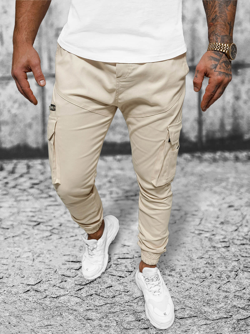 Spodnie męskie joggery beżowe OZONEE O/G3043