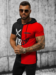 T-shirt męski z kapturem czarno-czerwony OZONEE JS/8T981