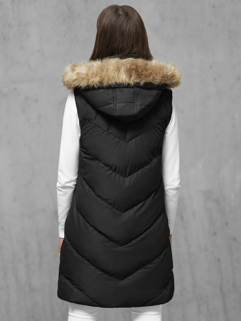 Kamizelka damska długa pikowana z futerkiem czarna OZONEE JS/M787/392