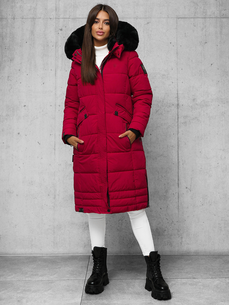 Kurtka zimowa damska długa pikowana ciemno-czerwona OZONEE O/W377