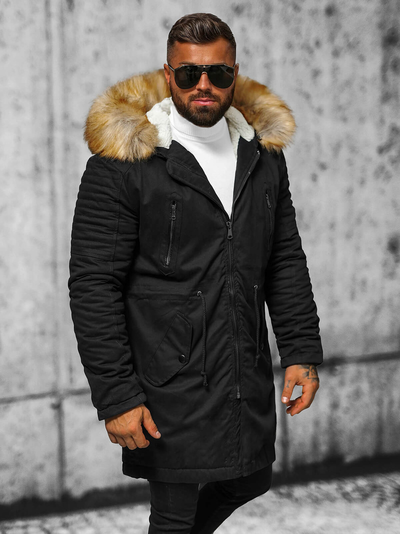 Kurtka zimowa męska parka z futerkiem czarna OZONEE JD/390