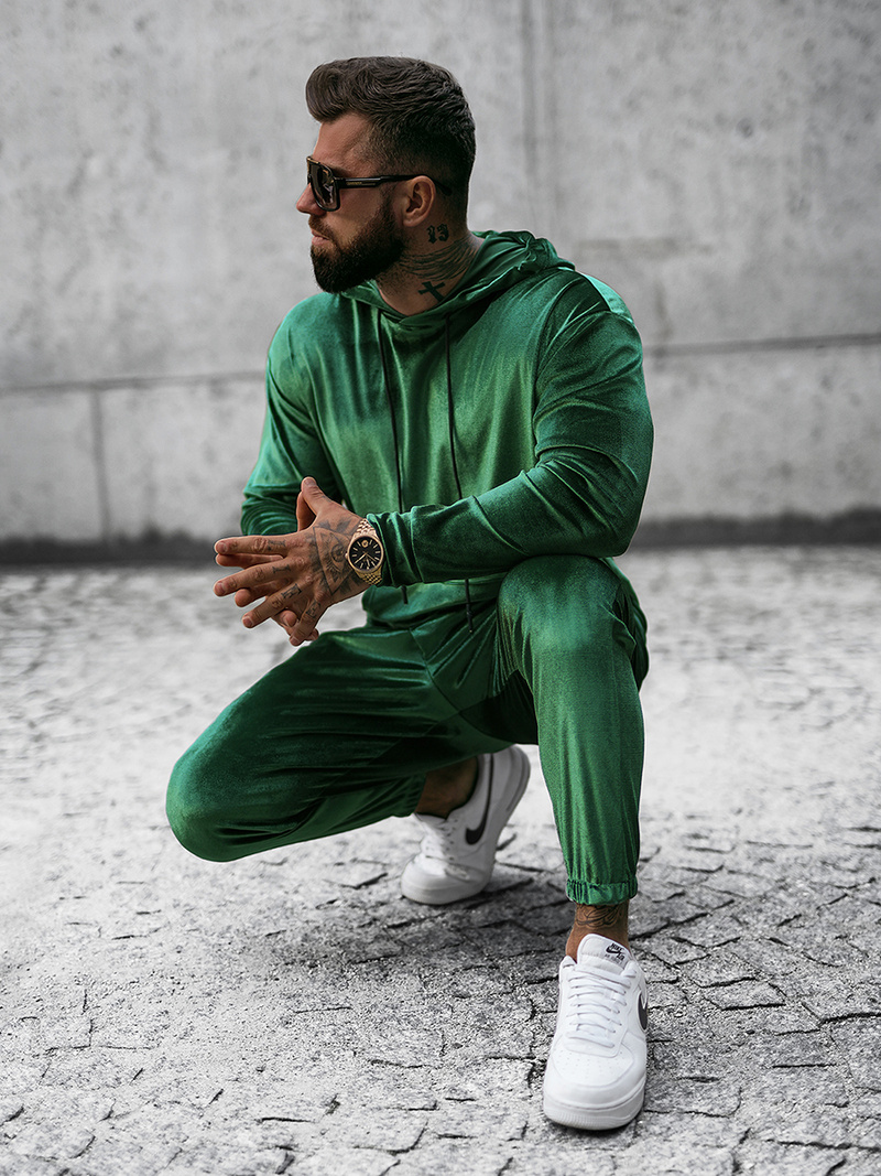 Komplet dresowy męski welurowy zielony OZONEE O/D7517