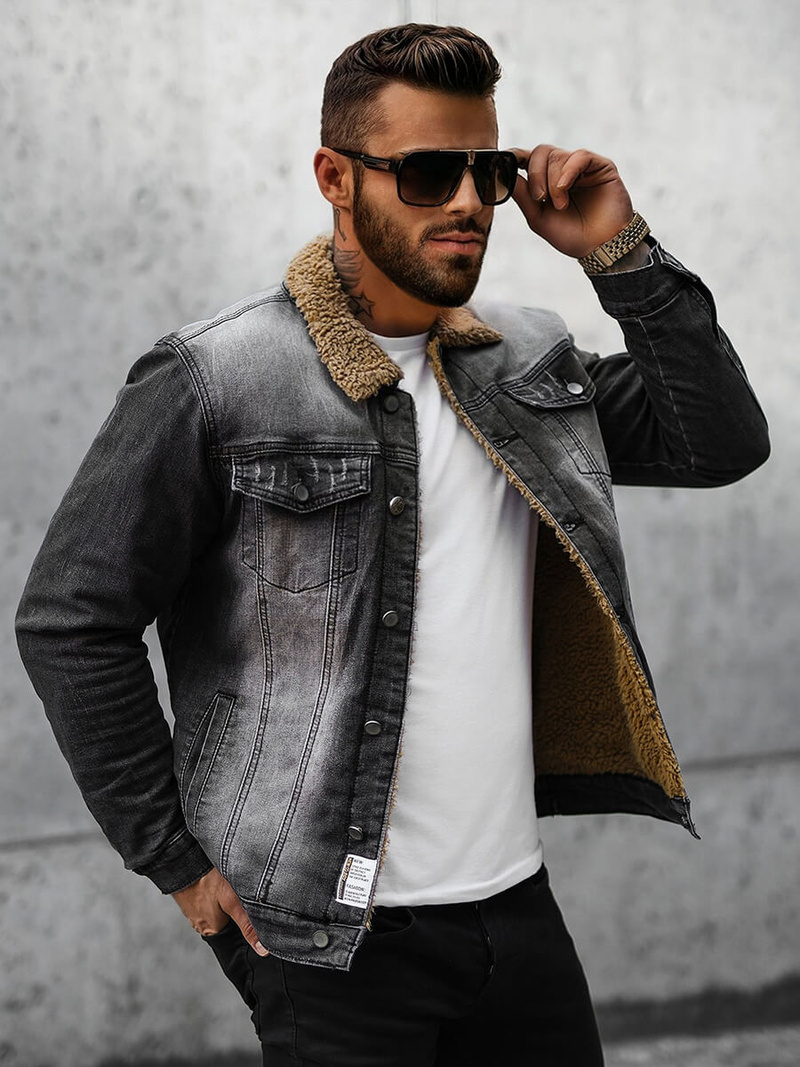 Kurtka męska jeansowa sherpa czarna OZONEE NB/MJ520NZ