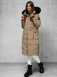 Kurtka zimowa damska długa pikowana ciemno-beżowa OZONEE O/W377