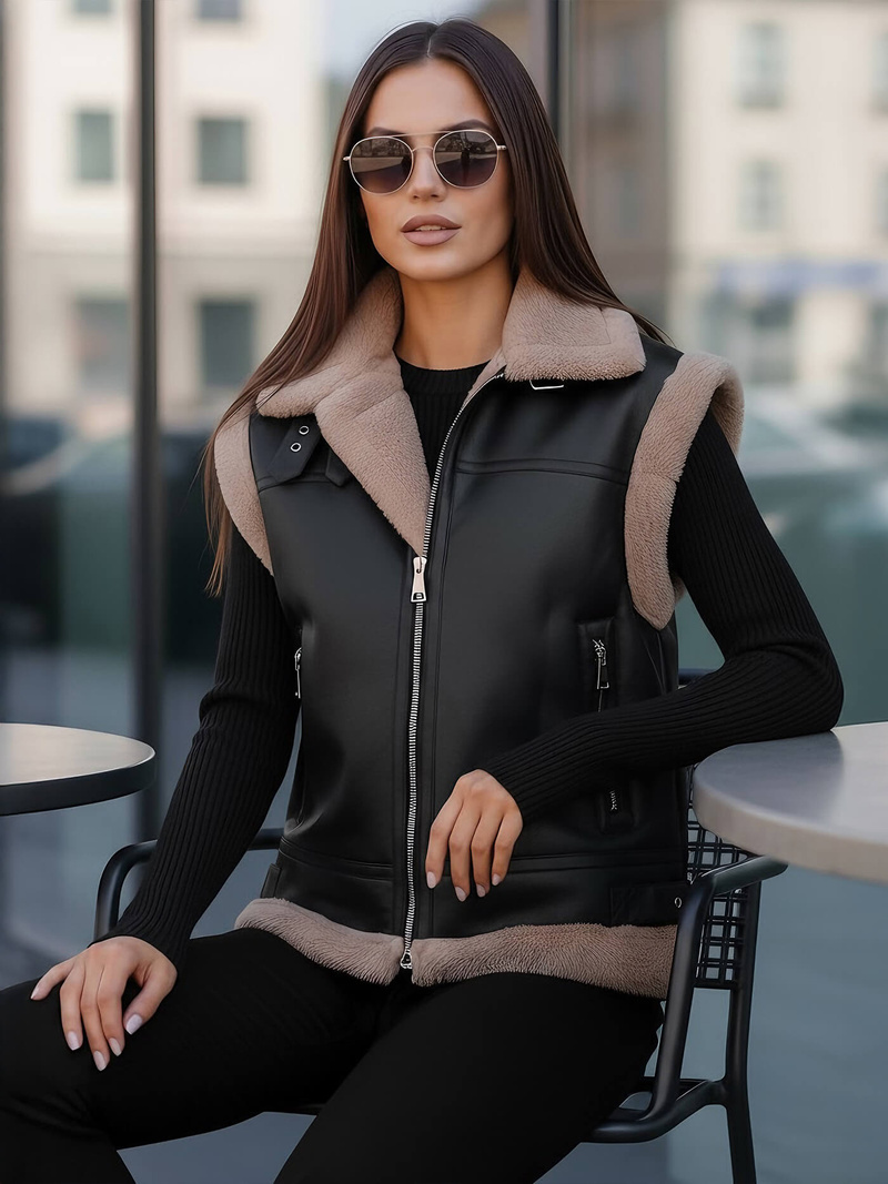 Kamizelka skórzana damska z kożuchem czarna OZONEE JS/61M8503/392Z