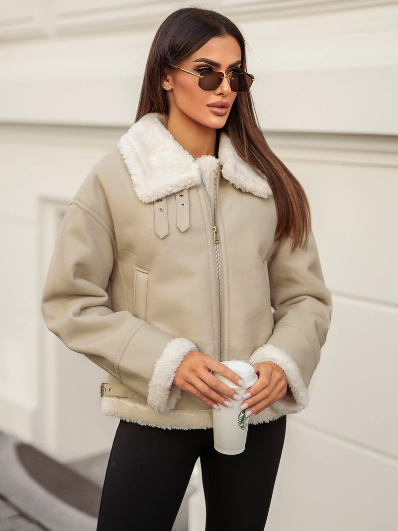 Жіноча шкіряна куртка Бежева OZONEE JS/11Z8178