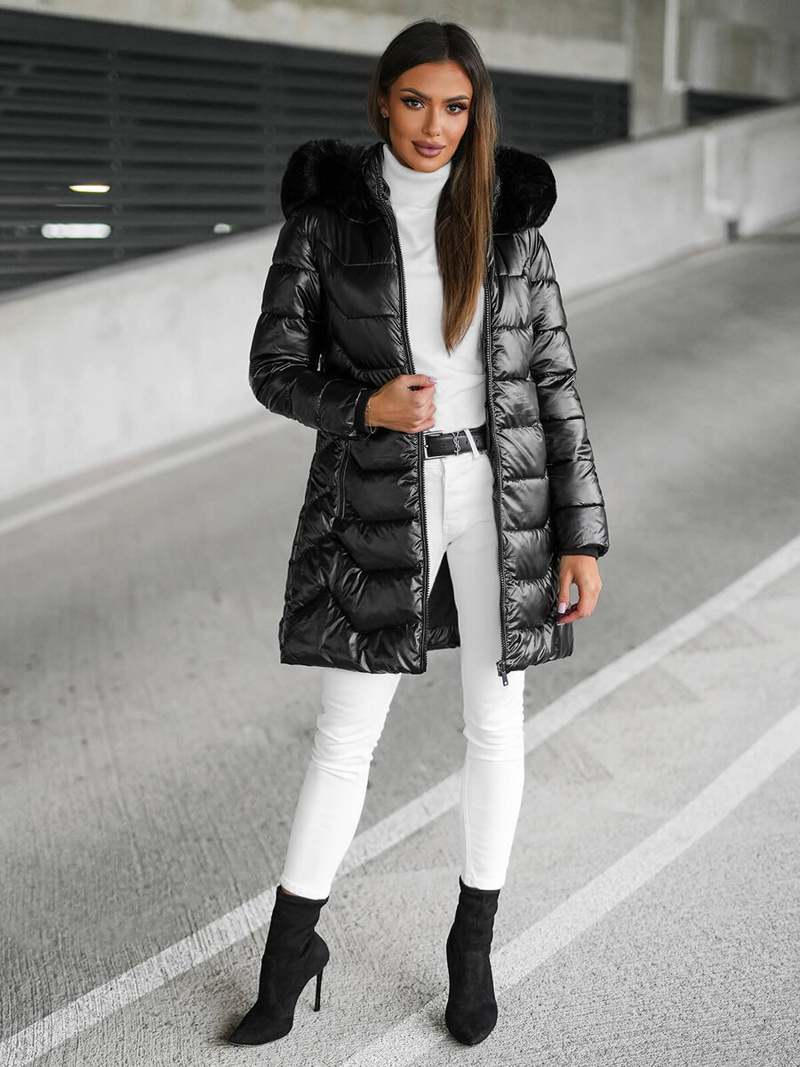 Kurtka zimowa damska długa z futerkiem czarna OZONEE JS/16M9122/392Z