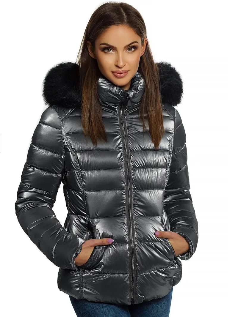 Kurtka zimowa damska z futerkiem srebrna OZONEE O/DK030/45