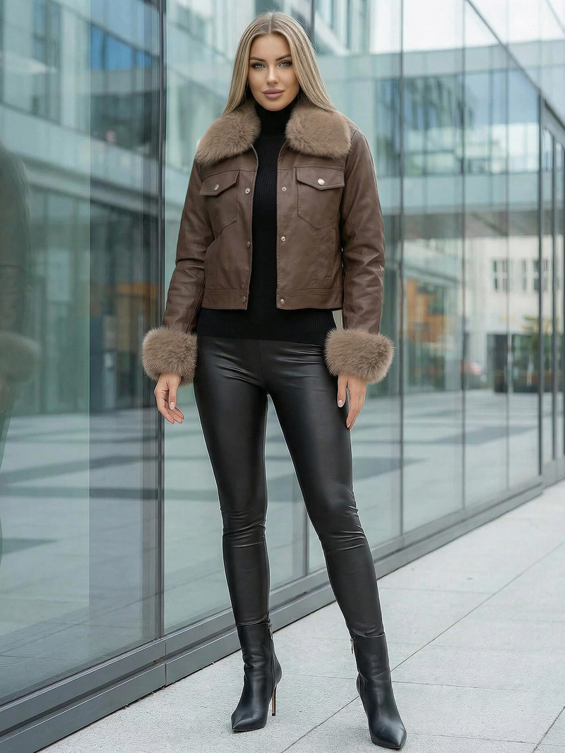 Жіноча шкіряна куртка шоколад OZONEE JS/61M8513/158