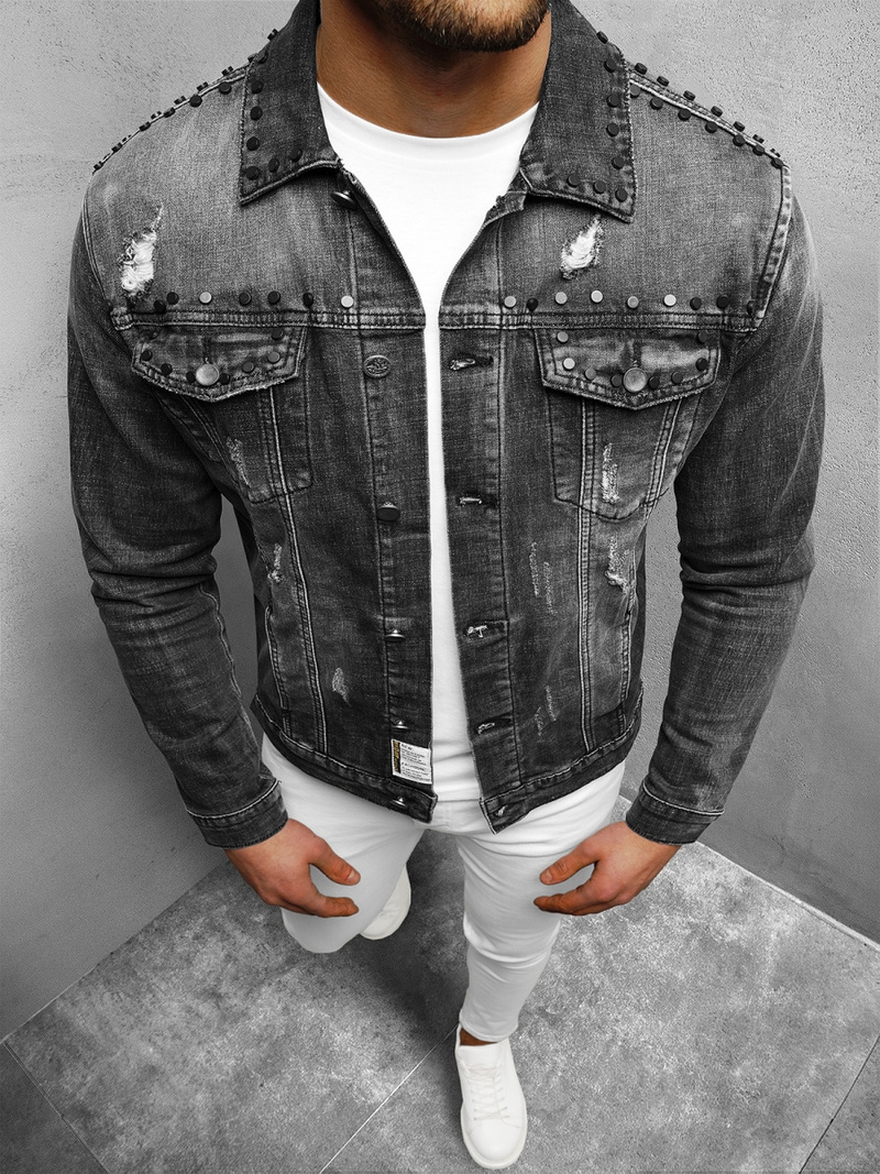 Kurtka męska jeansowa z nitami czarna OZONEE NB/MJ504N