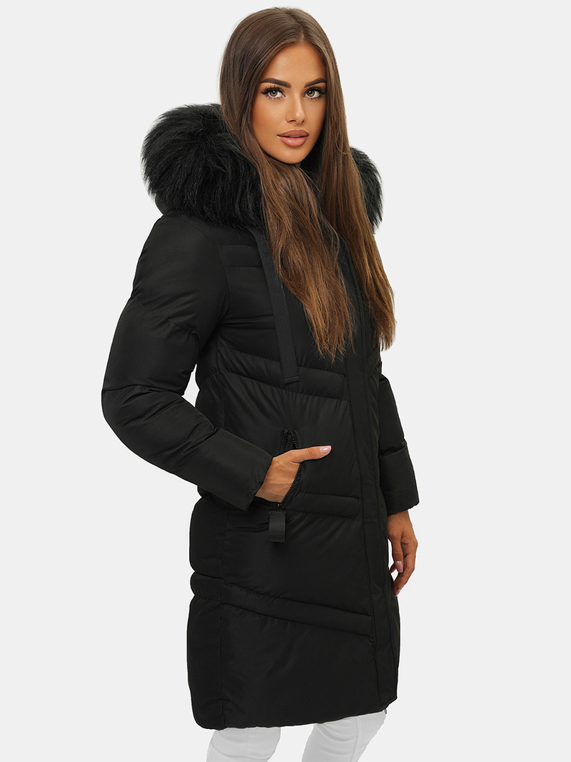 Płaszcz zimowy damski z kapturem czarny OZONEE JS/M731/392