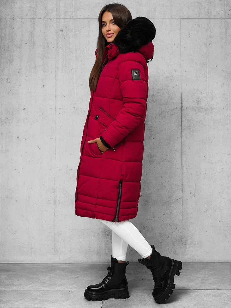 Kurtka zimowa damska długa pikowana ciemno-czerwona OZONEE O/W377
