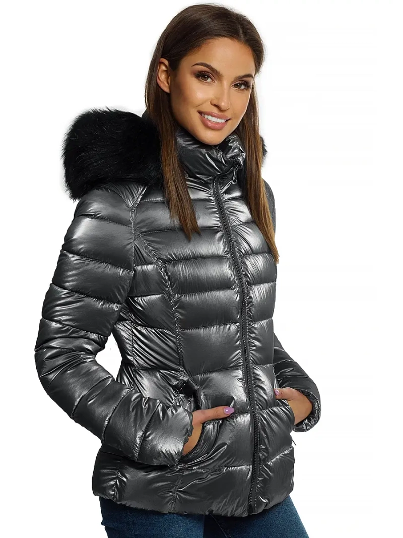 Kurtka zimowa damska z futerkiem srebrna OZONEE O/DK030/45