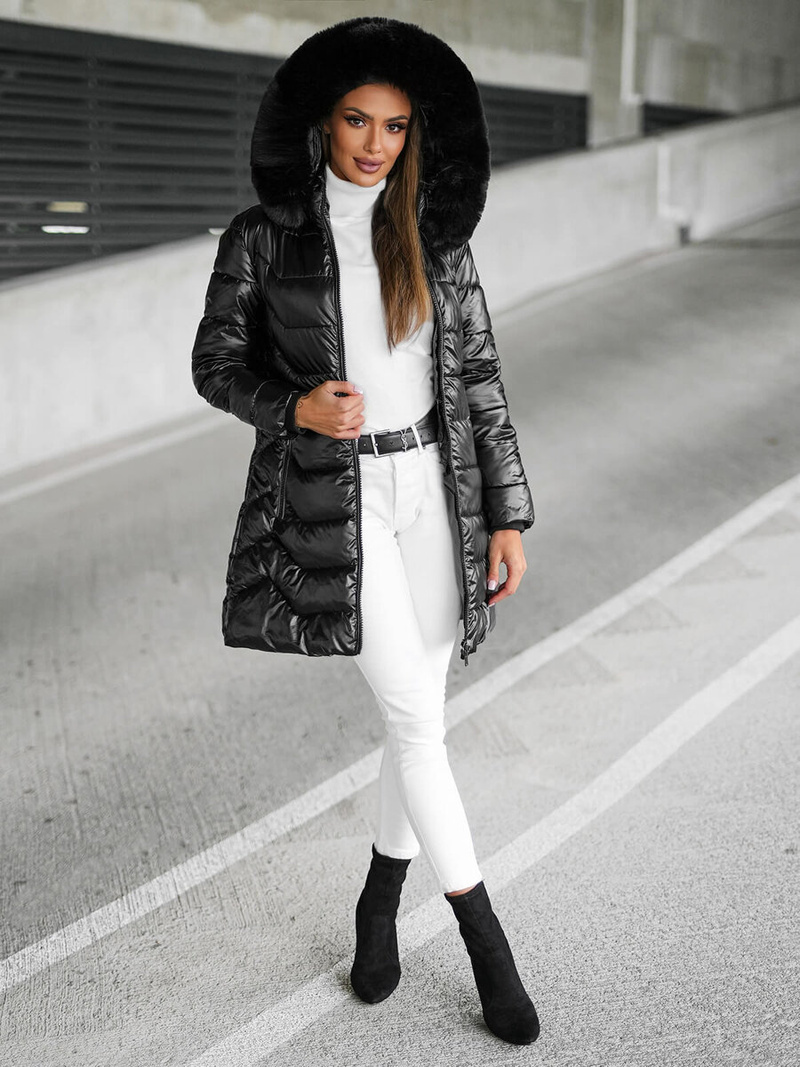 Kurtka zimowa damska długa z futerkiem czarna OZONEE JS/16M9122/392Z