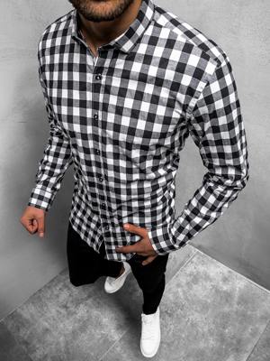 Koszula męska w kratę czarno-biała OZONEE O/3011/01