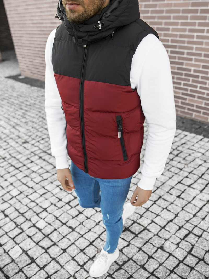 Kamizelka męska pikowana z kapturem bordowo-czarna OZONEE JS/M1189/1