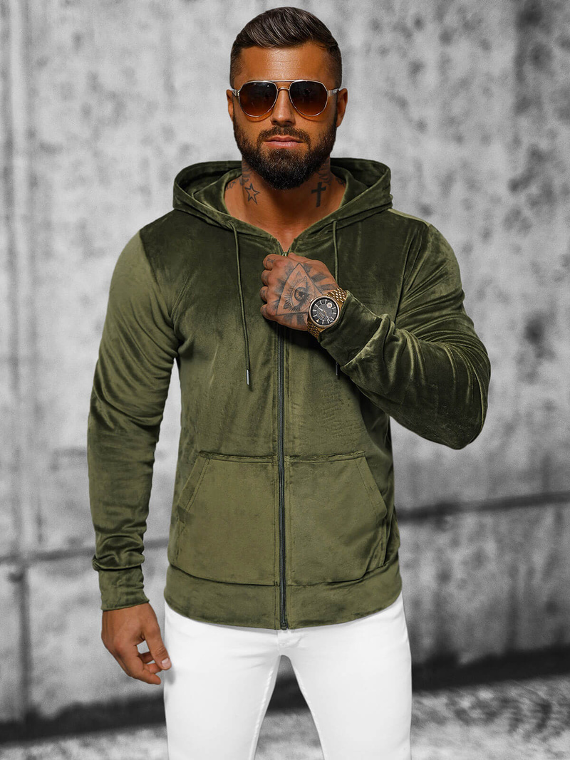 Bluza welurowa męska z kapturem khaki OZONEE JS/8B1168/29