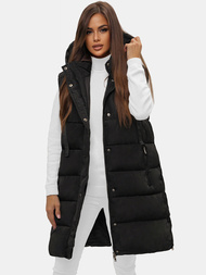 Kamizelka damska długa pikowana z kapturem czarna OZONEE O/81276