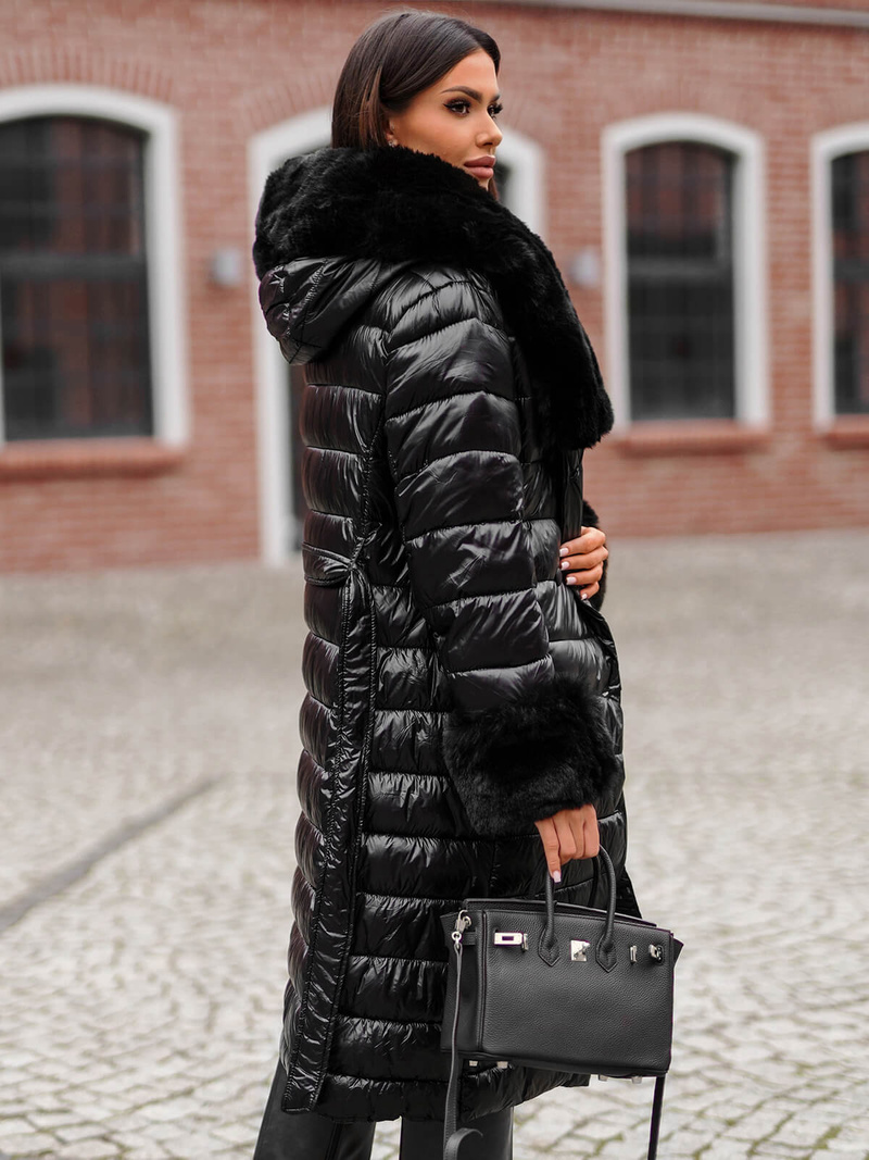 Płaszcz zimowy damski z futerkiem czarny OZONEE JS/5M3160/392Z