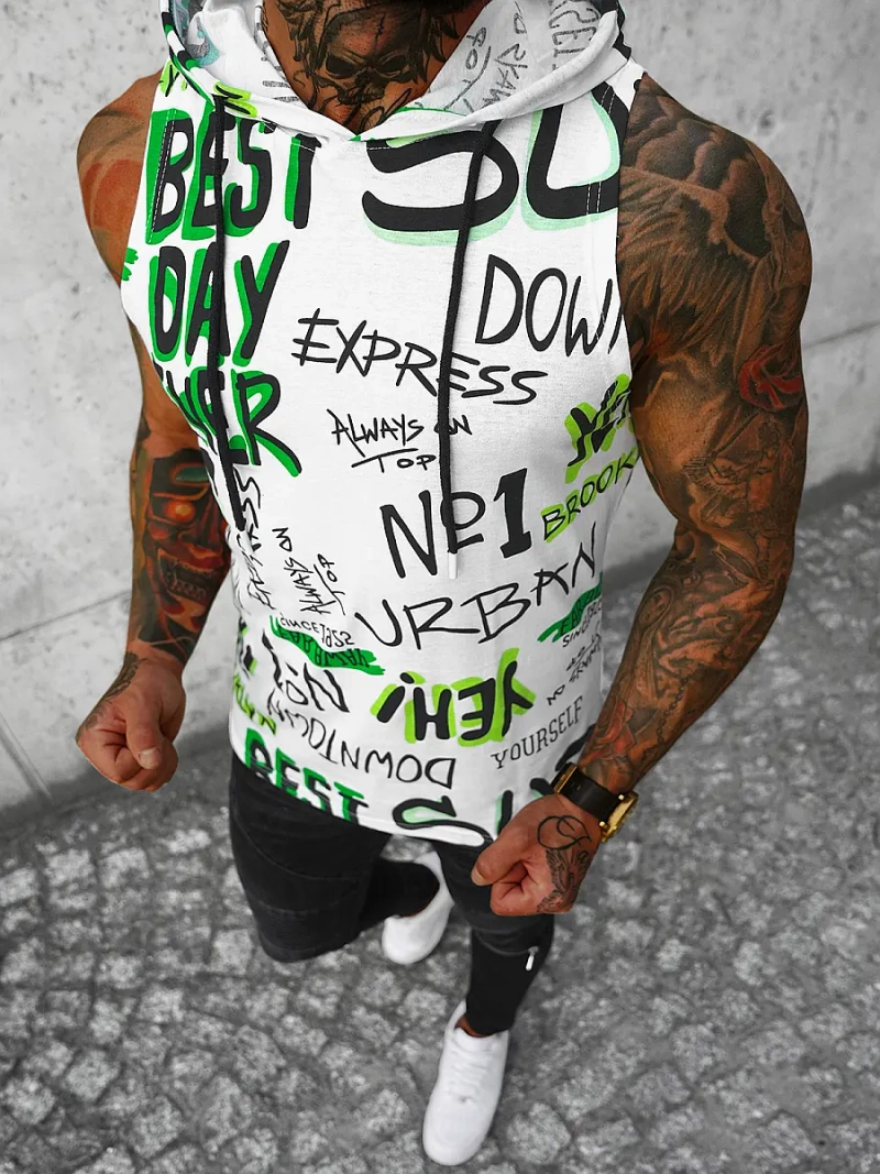 Koszulka bez rękawów męska z nadrukiem biało-zielona OZONEE O/BL303Z