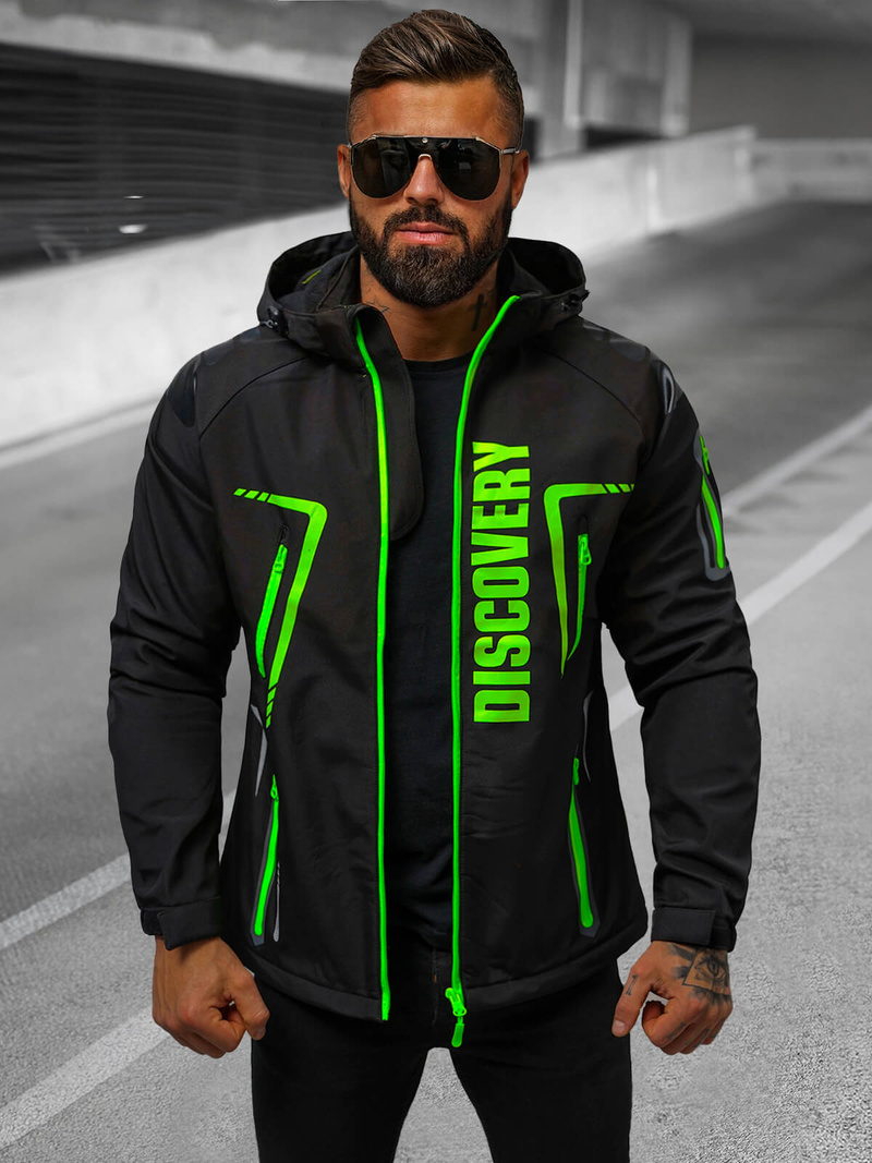 Kurtka softshell męska z kapturem czarno-zielona OZONEE JS/HH025/1Z