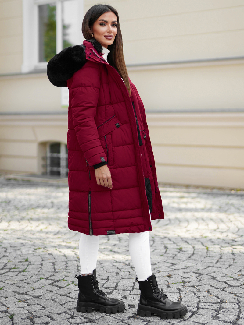 Kurtka zimowa damska długa pikowana bordowa OZONEE O/W377Z