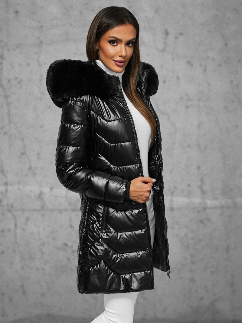 Kurtka zimowa damska długa z futerkiem czarna OZONEE JS/16M9122/392