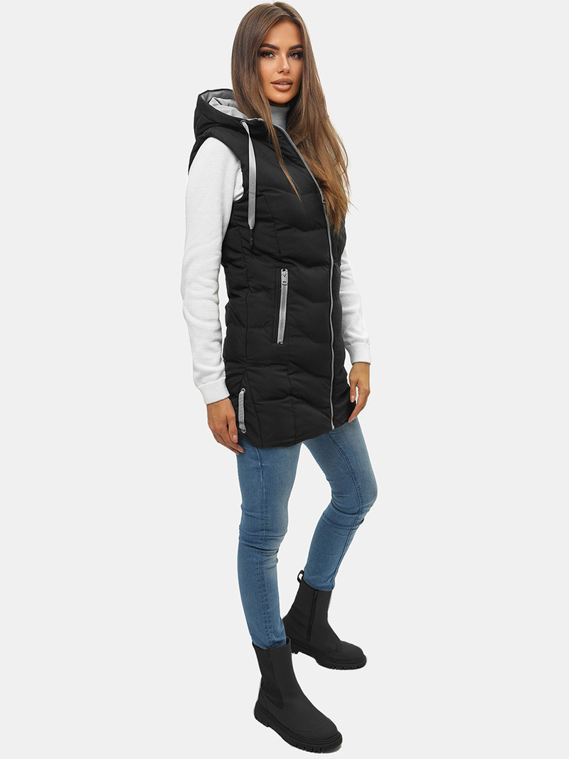 Kamizelka damska długa pikowana z kapturem czarna OZONEE N/7042