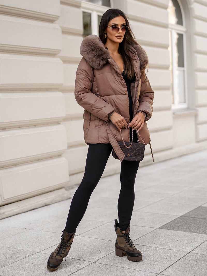 Kurtka zimowa damska z futerkiem ciemno-beżowa OZONEE JS/16M9206/84