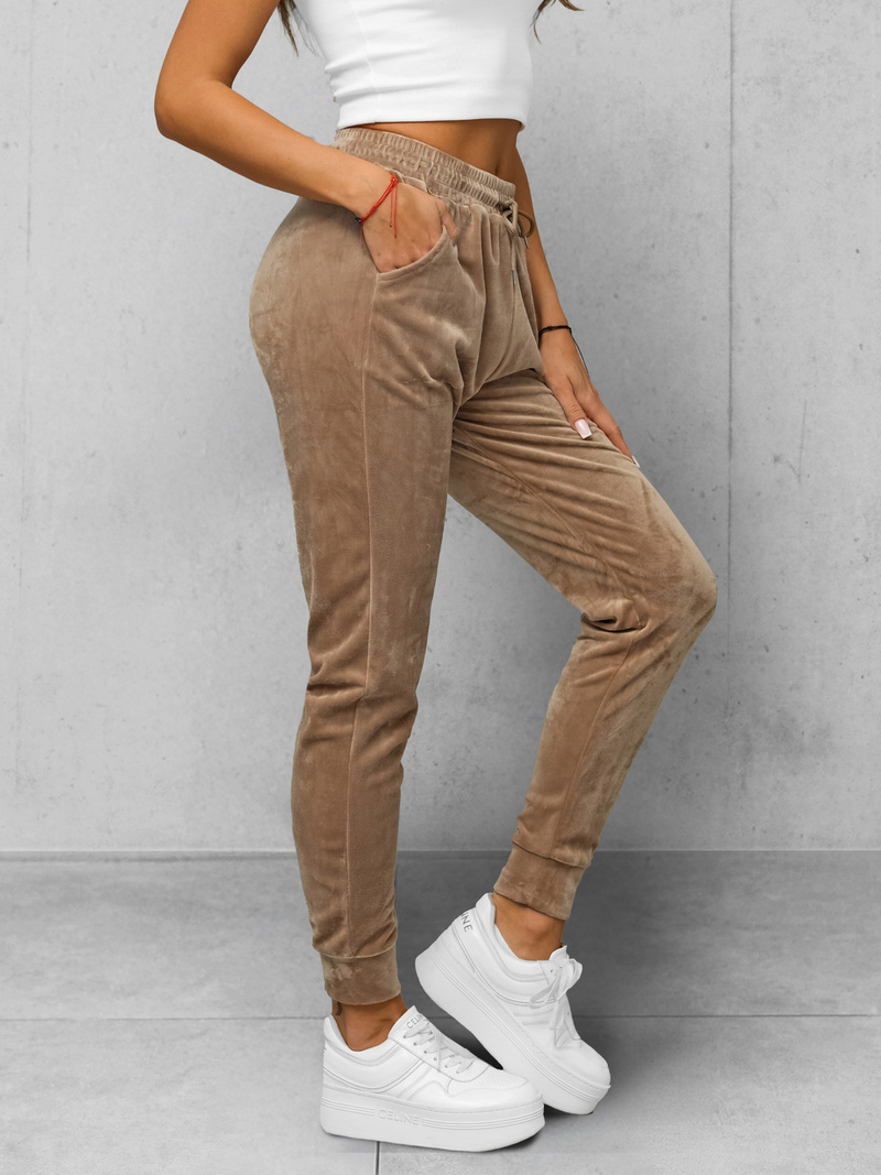 Spodnie dresowe damskie welurowe ciemno-beżowe OZONEE JS/8K1532/91