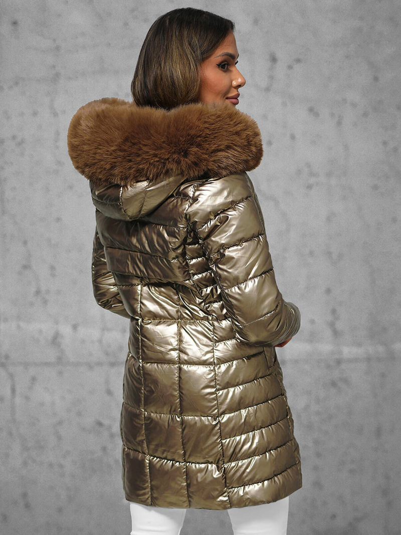 Kurtka zimowa damska długa z futerkiem złota OZONEE JS/16M9120/403