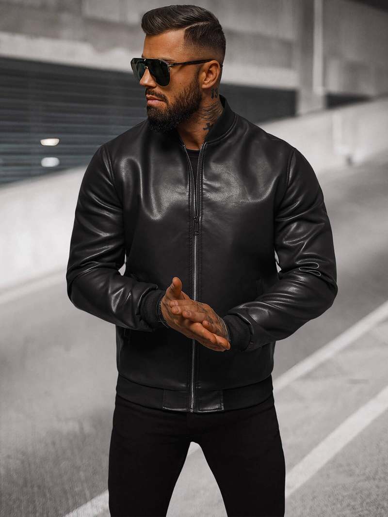 Чоловіча шкіряна куртка Чорна OZONEE O/88120