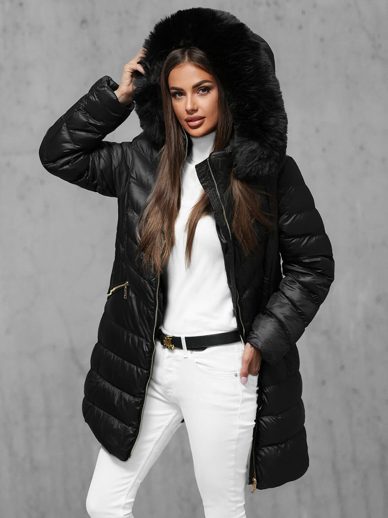 Kurtka zimowa damska długa z futerkiem czarna OZONEE JS/5M3162/392