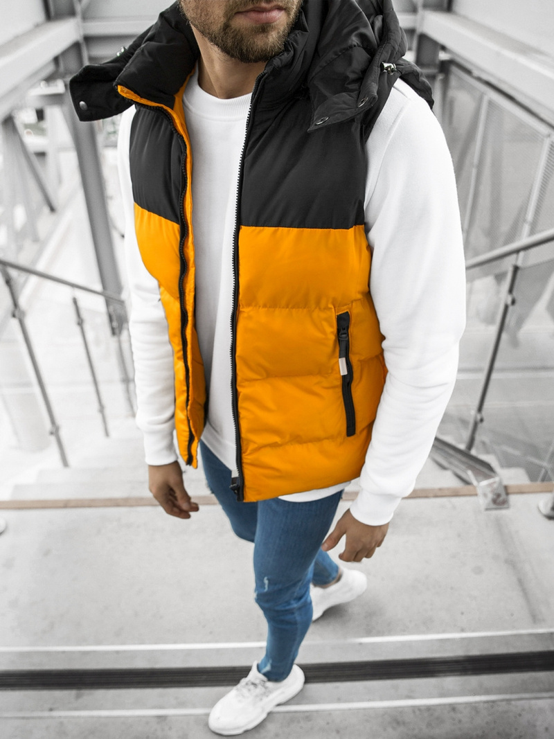 Kamizelka męska pikowana z kapturem camelowo-czarna OZONEE JS/M1189/333