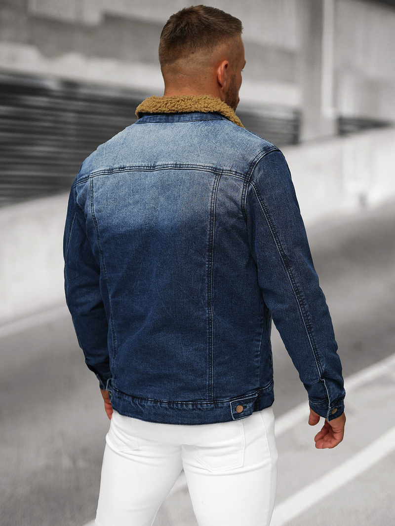 Kurtka męska jeansowa sherpa ciemno-niebieska OZONEE NB/MJ520BSZ