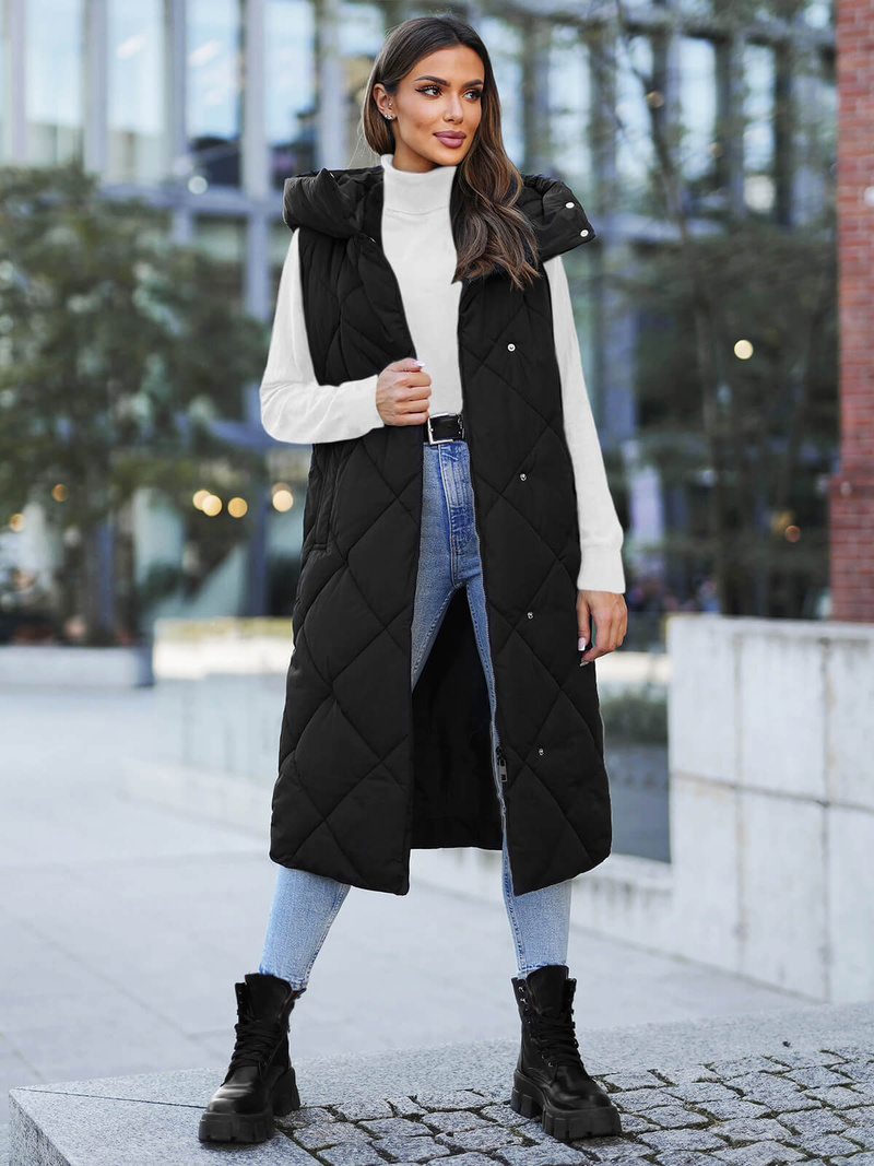 Kamizelka damska długa pikowana czarna OZONEE JS/5M3165/392