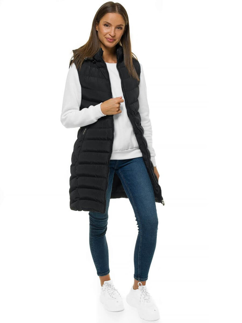 Kamizelka damska długa pikowana z kapturem czarna OZONEE N/6811/1