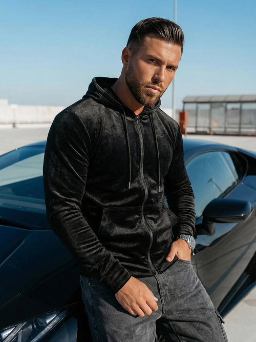 Bluza welurowa męska z kapturem czarna OZONEE JS/8B1168/3Z