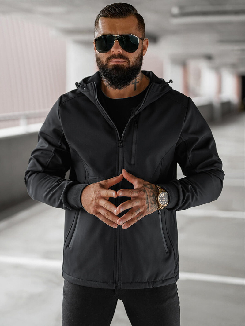 Kurtka softshell męska z kapturem czarna OZONEE JS/27B6529/3Z